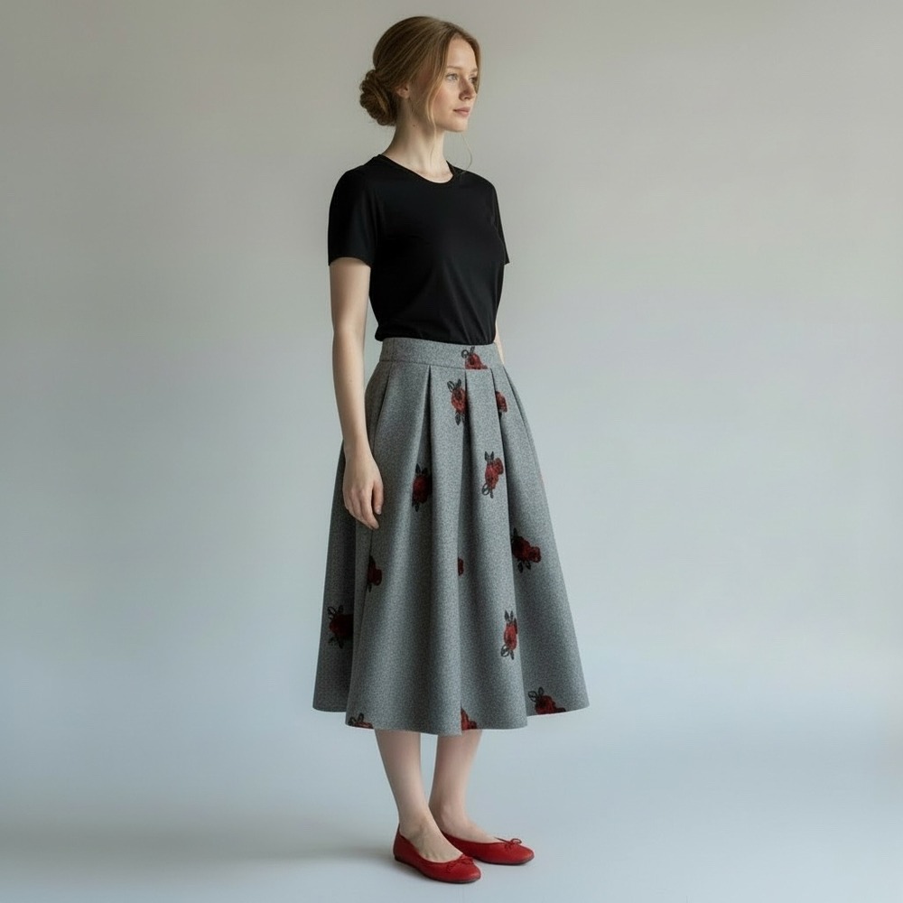 Chicwish Dancing Rose Grey Embroidered Pleated Midi Skirt Pocketed A-Line L